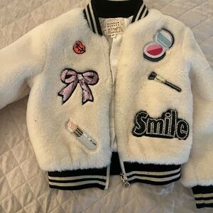 White Faux Fur Jacket with Patches